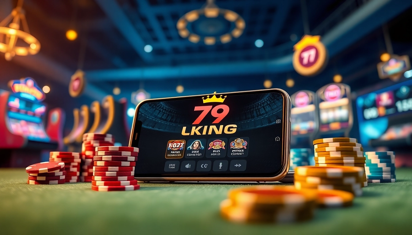 Una escena de juego de casino que presenta la plataforma 79king en un teléfono inteligente, fichas vibrantes y visuales de apuestas deportivas.