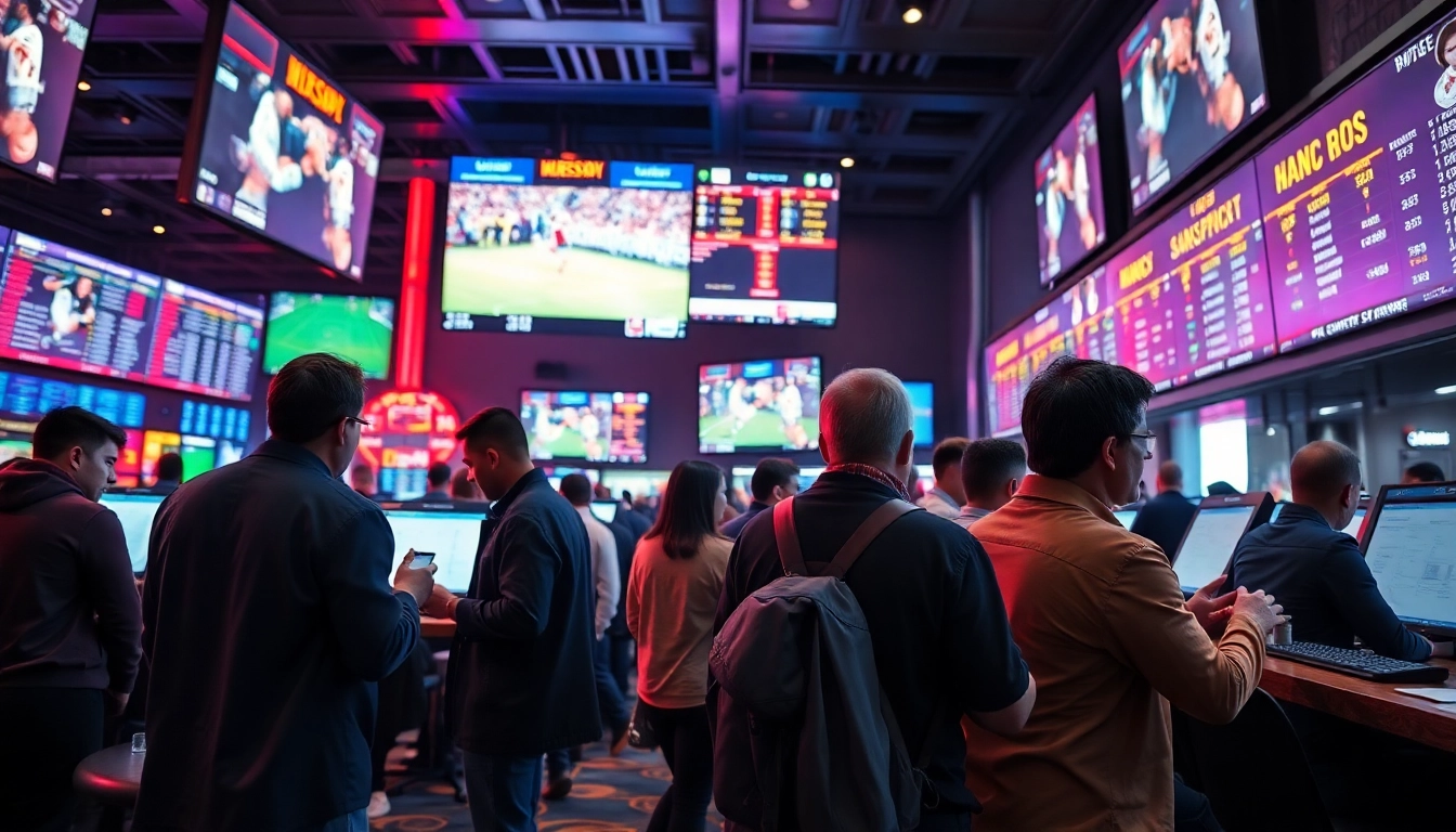 Engaged bettors placing wagers in a vibrant sports betting environment.