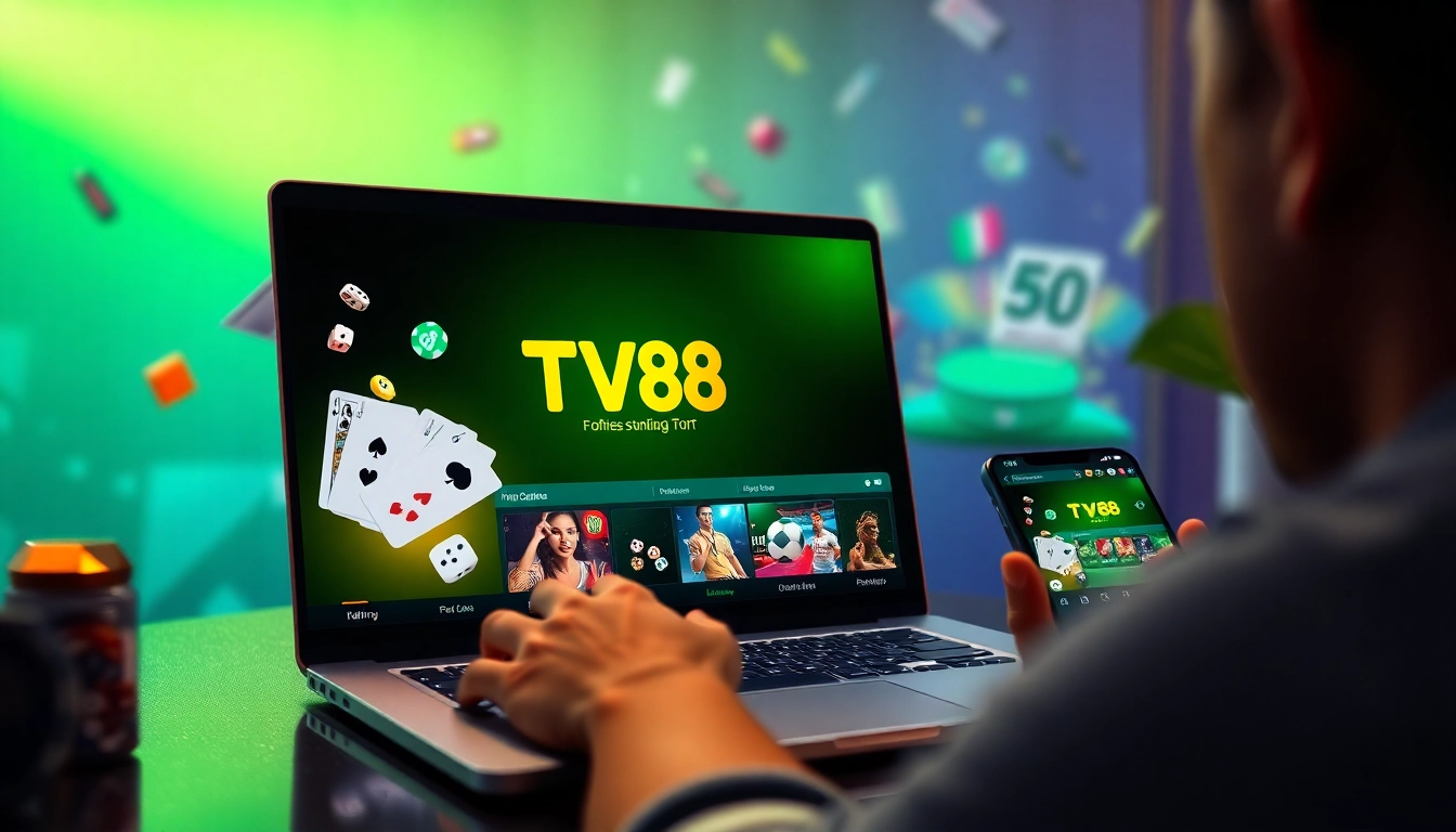TV88 online gambling platform interface showcasing user-friendly design and engaging gaming elements.