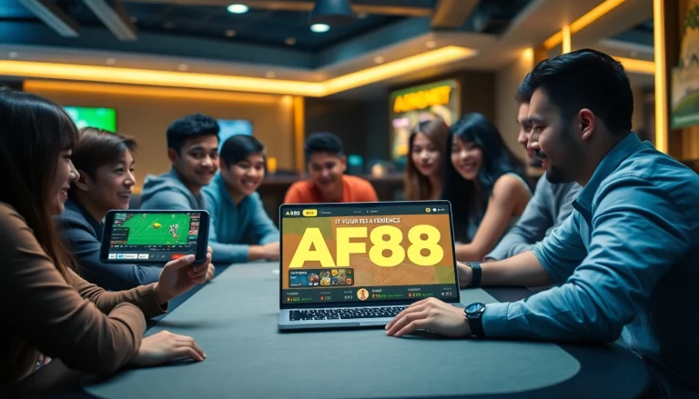 Engaging AF88 online gaming experience on smartphone and laptop with friends.