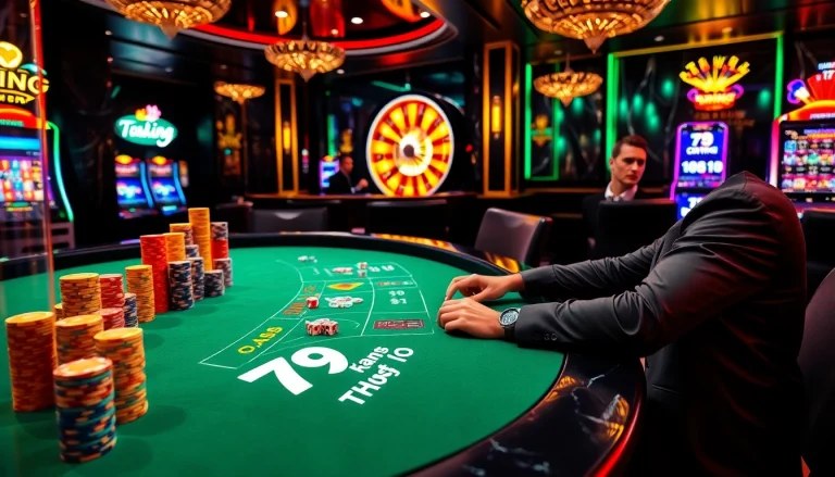 79king luxury casino scene with dealer, chips, roulette, and slots