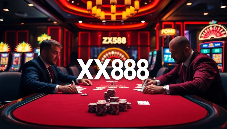 Players strategizing at a thrilling poker game at XX888 casino, showcasing excitement and luxury.