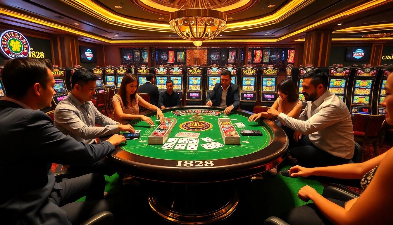 i828 players enjoying a thrilling game at a luxurious casino table with poker chips and cards