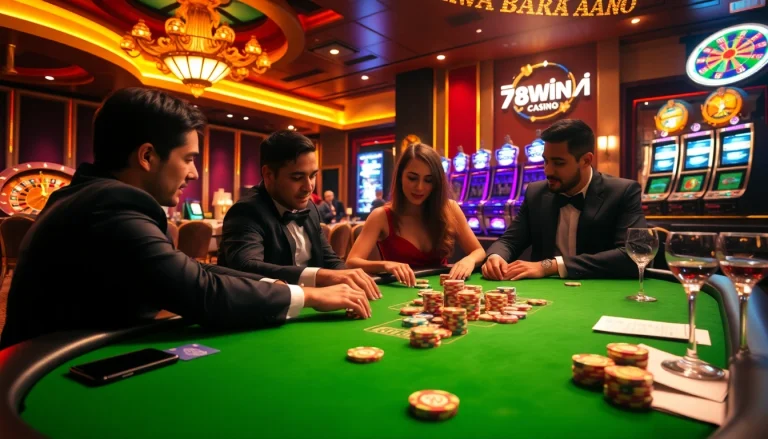 Players engaged in a high-stakes game at 78WIN Casino, showcasing excitement and luxury.