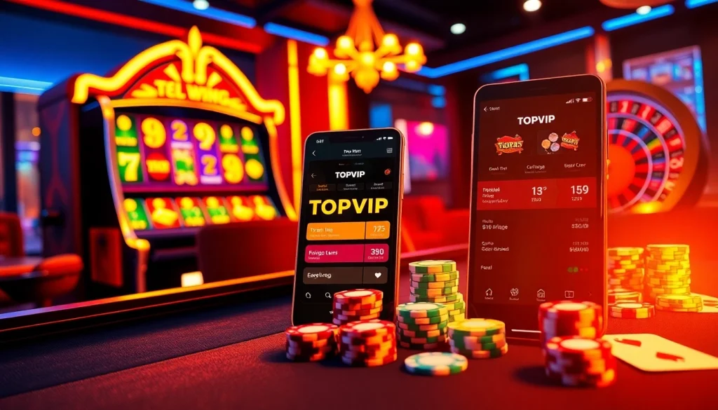 Experience the thrill of gambling at TOPVIP with stunning casino visuals featuring dynamic tables and vibrant slots.