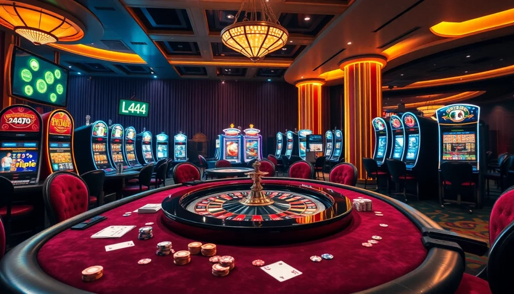 L444 online gambling platform showcasing a vibrant casino scene with poker tables, roulette, and elegant decor.