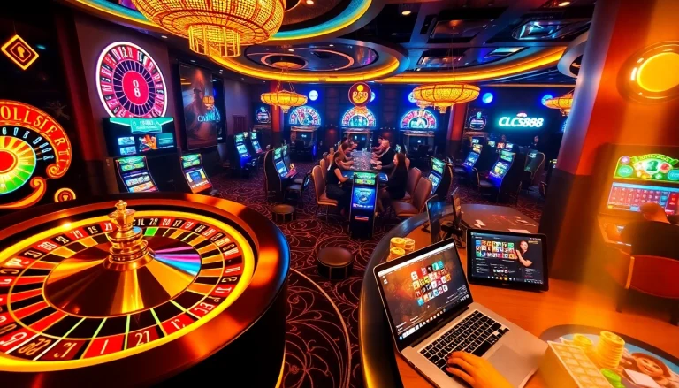 Exciting online gambling scene at LC88 with roulette, poker chips, and vibrant slot machines.