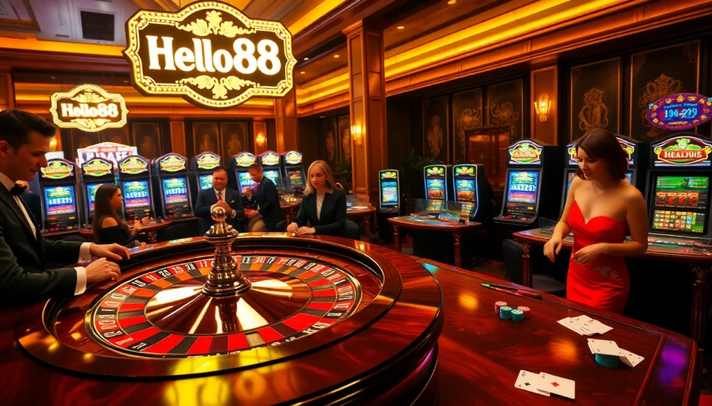 Hello88 casino scene with players betting, roulette wheel, and vibrant slot machines.