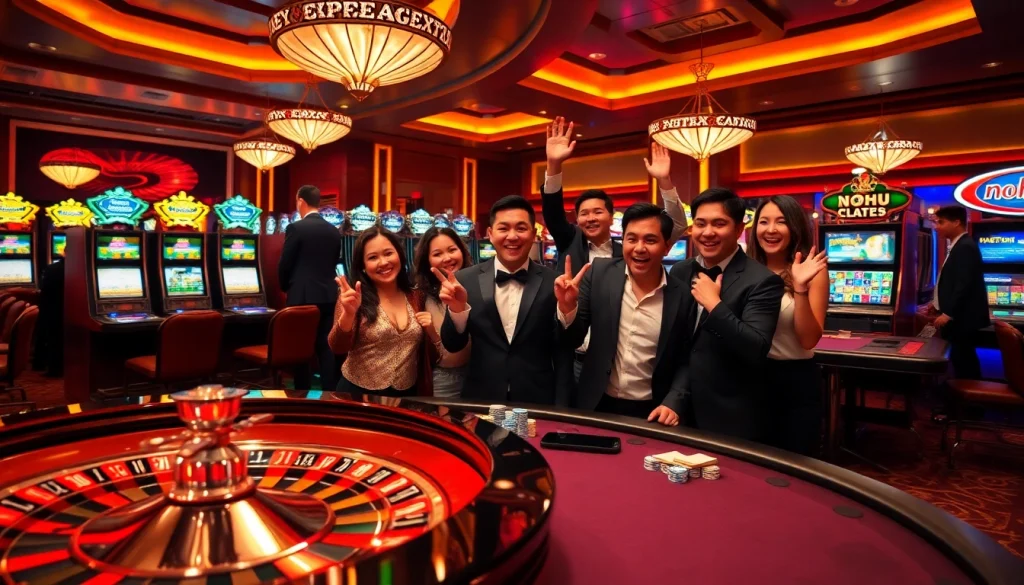 Gamblers enjoying a celebratory moment at a luxurious casino table with nohu-themed decor.