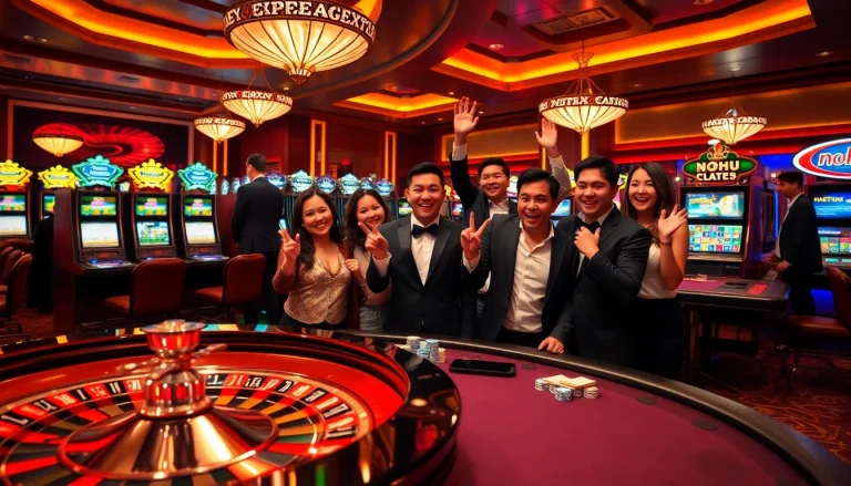 Gamblers enjoying a celebratory moment at a luxurious casino table with nohu-themed decor.