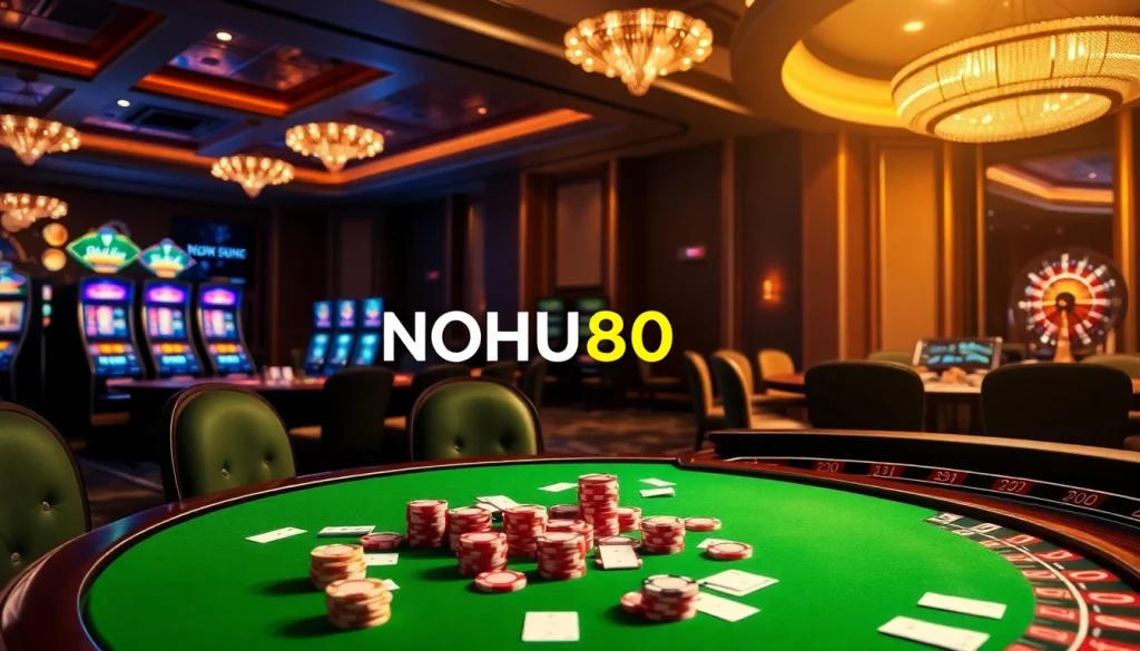 Nohu90's immersive casino environment showcasing vibrant slot machines and poker tables.