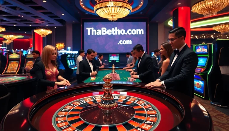 Engage with thabethome com at a glamorous casino table surrounded by vibrant poker chips and cards.