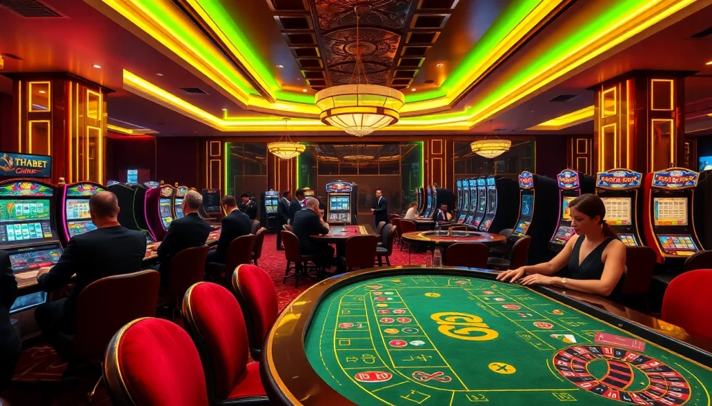 THABET gaming table showcasing luxurious casino experience with players engaged in poker and roulette.