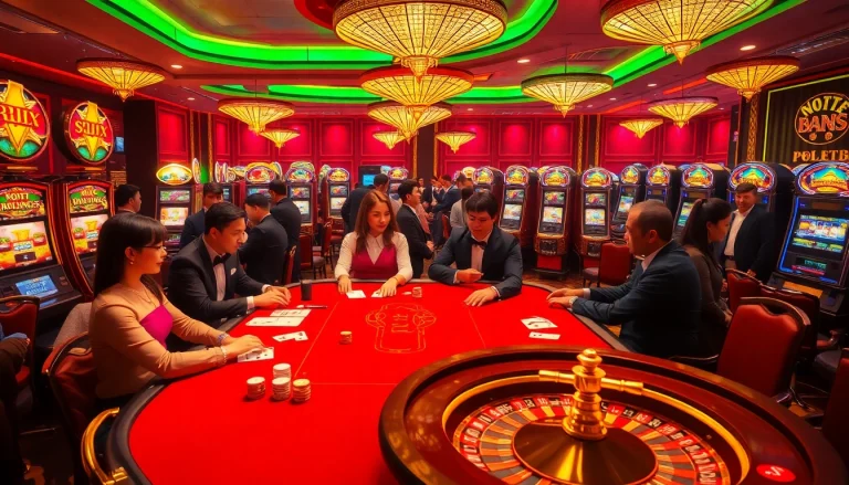 Engaged players enjoying a thrilling game at rr88 casino with vibrant slot machines in view.