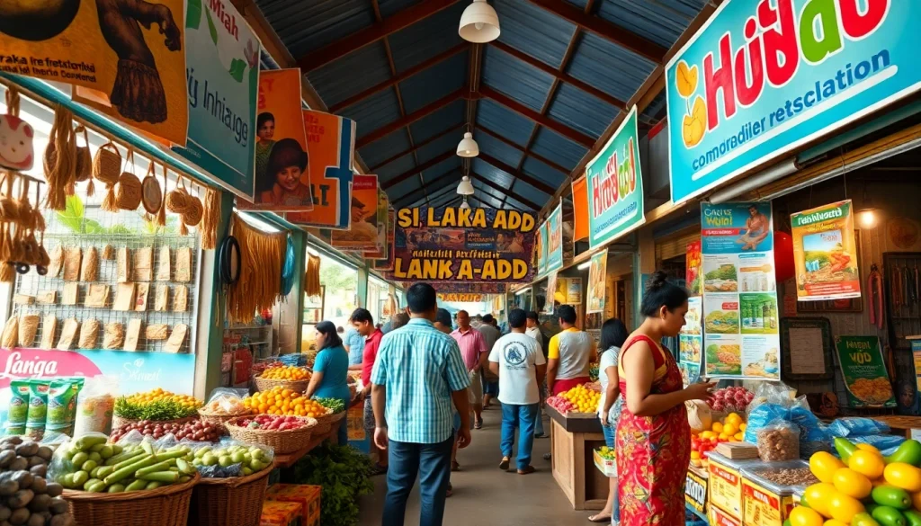 Lanka Add marketplace scene with local vendors, showcasing cultural vibrancy.