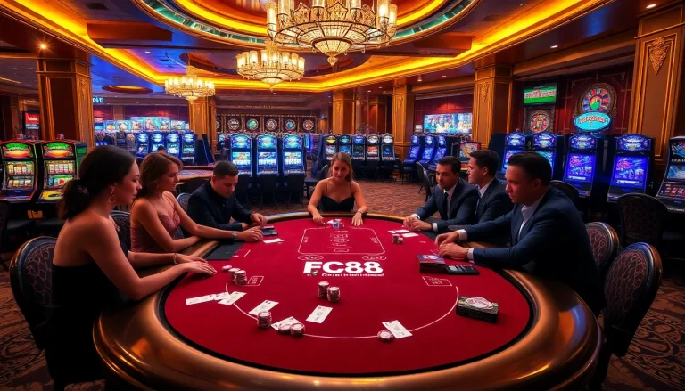 Experience the thrill of professional gambling at FC88 with exciting poker action and vibrant casino visual elements.