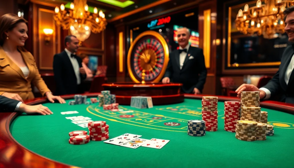 Engage in thrilling gameplay at https://lucky88com.me/ with vibrant casino tables, poker chips, and exciting card action.