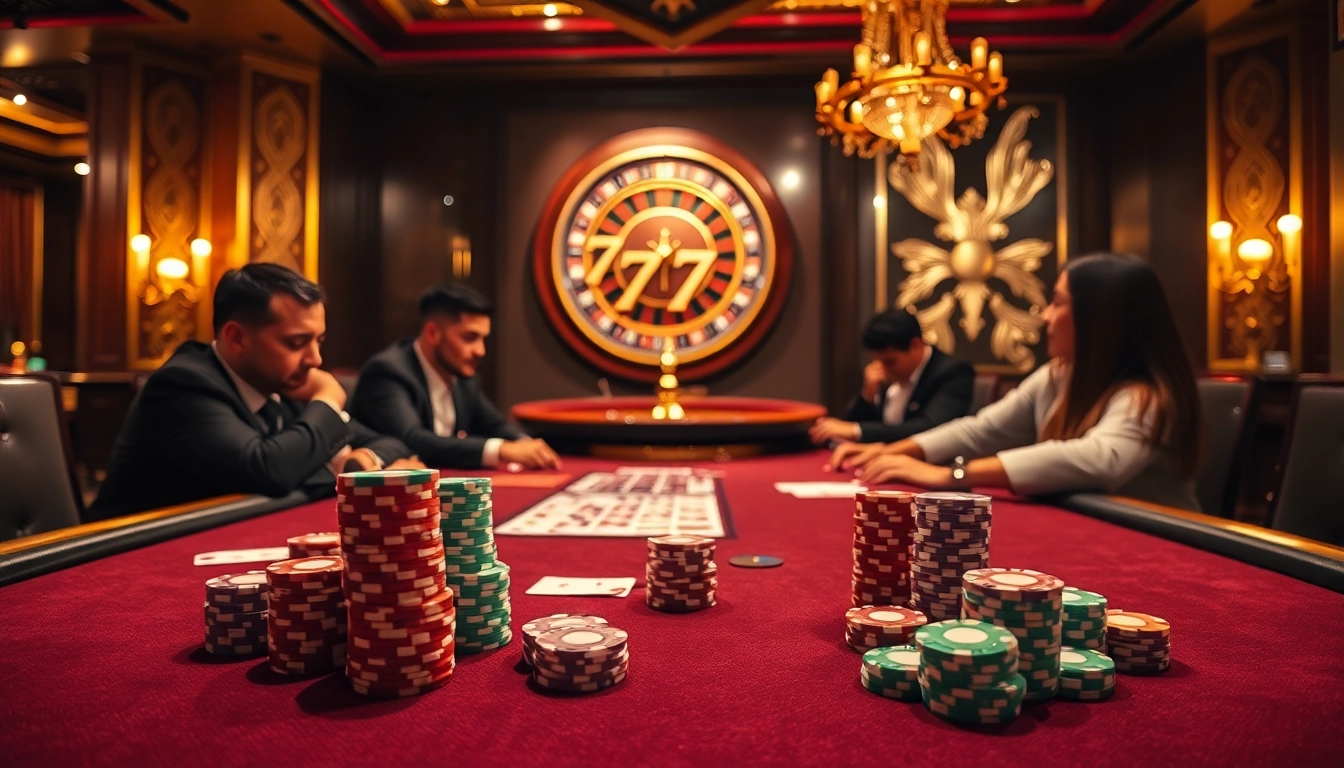 Players diving into an exciting poker game at 777g casino, showcasing colorful chips and cards.