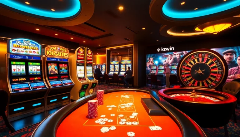 Engage with kkwin at a luxurious casino, featuring vibrant slot machines and an inviting poker table.