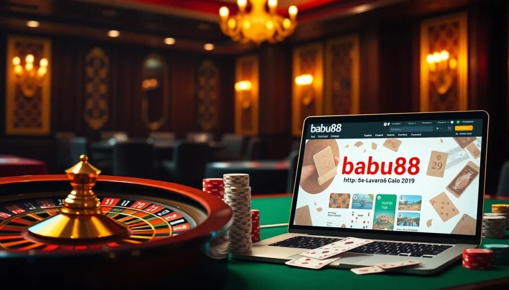 Experience thrilling gameplay at https://babu88.global/ with poker chips and roulette wheel.