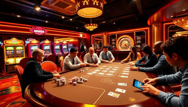 MM88 players enjoy a thrilling casino experience with vibrant gaming tables and slot machines.