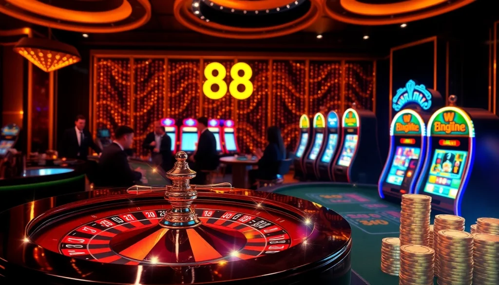 Experience thrilling gameplay at new 88 with vibrant casino elements like roulette, poker chips, and slots.