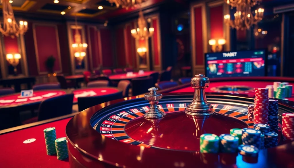 Thrilling gambling at Thabet with lively casino tables, poker chips, and a roulette wheel.