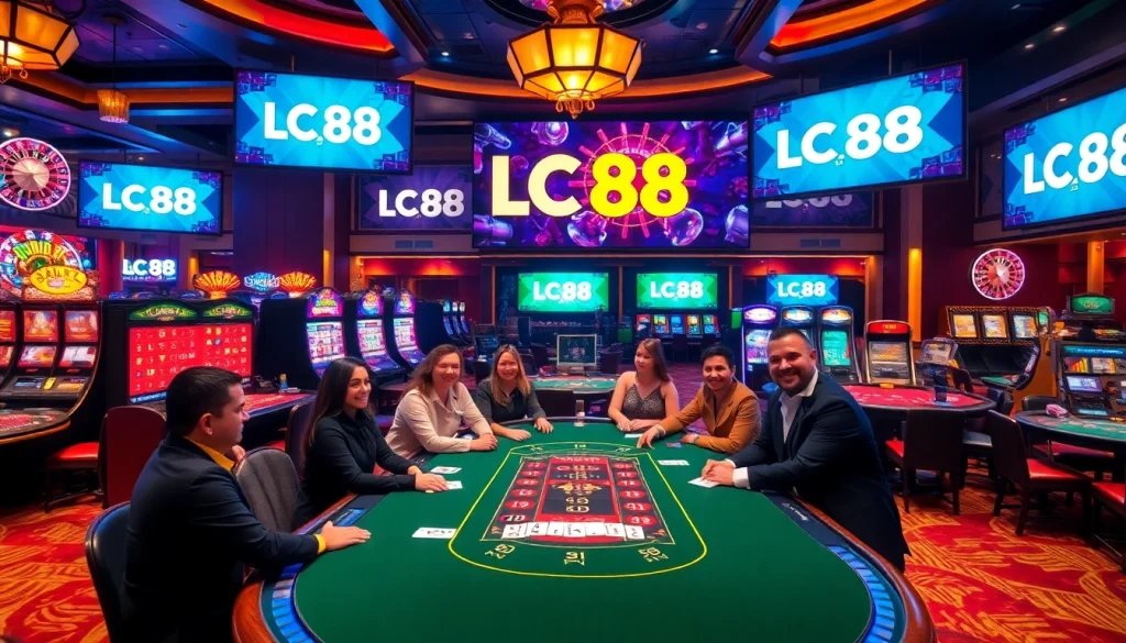 Experience the excitement of LC 88 casino with vibrant games and lively players enjoying a professional gaming atmosphere.
