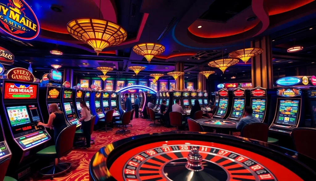 Players enjoying the thrilling slot machines at OK789 casino, surrounded by vibrant lights.