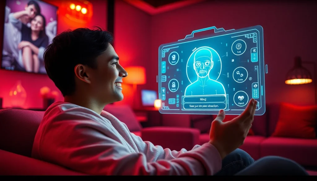 Engaging with a sex chat AI in a cozy ambiance featuring a holographic interface and warm lighting.