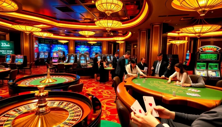 Players enjoying exciting games at 32win casino with vibrant tables and slot machines.