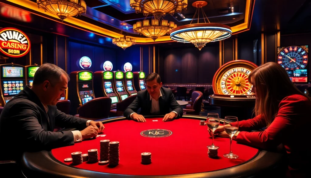 KJC poker table scene with intense gamblers, luxurious decor, and vibrant casino atmosphere.