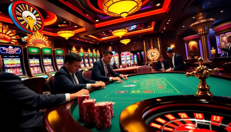 KJC poker players strategizing at a luxurious casino table with vibrant slot machines in the background.