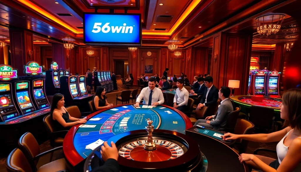 Experience the excitement of 56win with poker tables, vibrant slots, and lively gambling action.