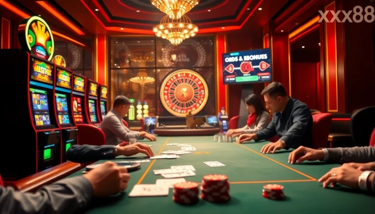 Experience the thrill of gambling at xx88 with luxurious casino visuals featuring poker tables, slot machines, and roulette.