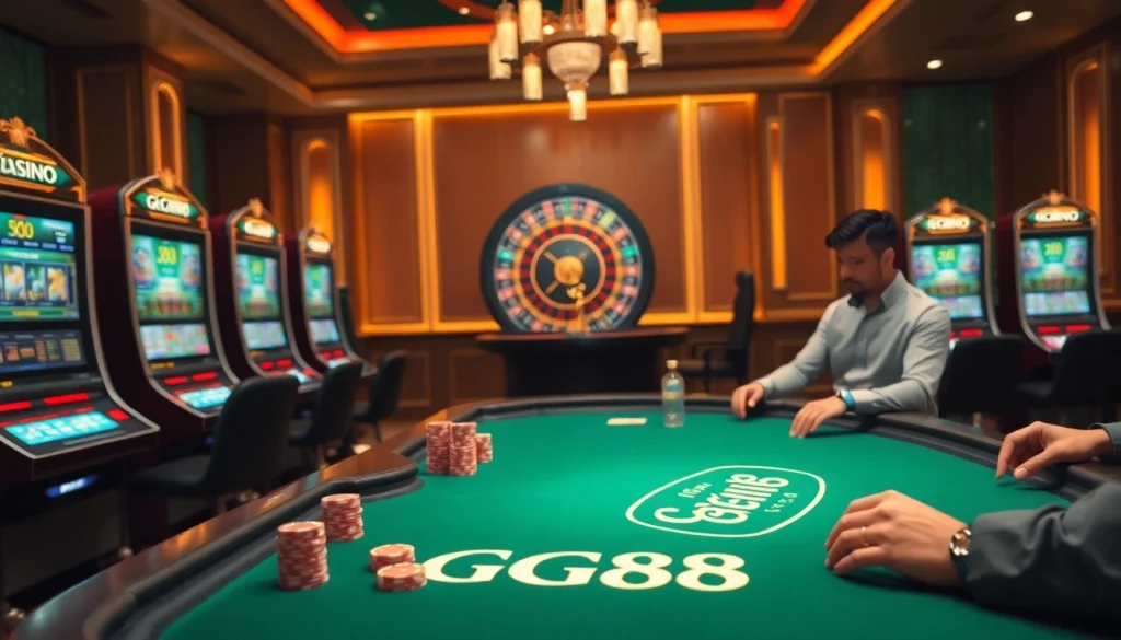 Players enjoying high-stakes gambling at GG88's luxurious online casino, featuring elegant tables and slot machines.
