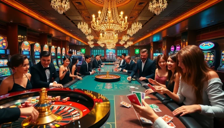 Players celebrating big wins while engaging in classic casino games at https://new88c.co/ in a vibrant, luxurious setting.