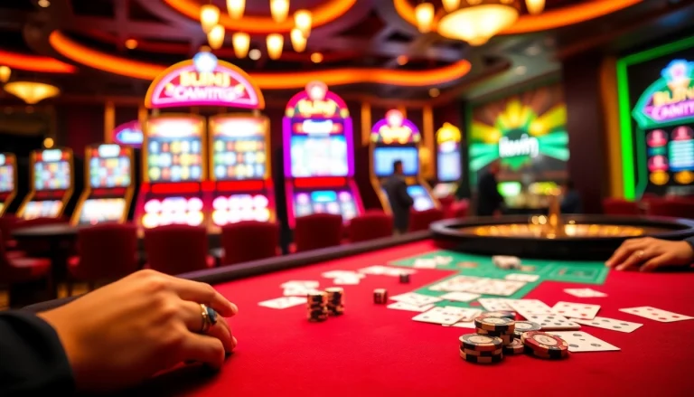 Engaging players enjoy a thrilling gamescape at kkwin casino, with vibrant slot machines and tables.