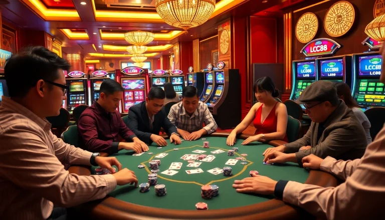 Players enjoying a thrilling game at a high-stakes poker table featuring the Lc88 brand elements.