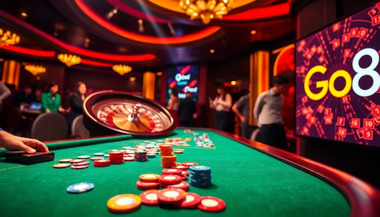 Experience thrilling casino excitement at the Go8 table game with vibrant chips and cards.