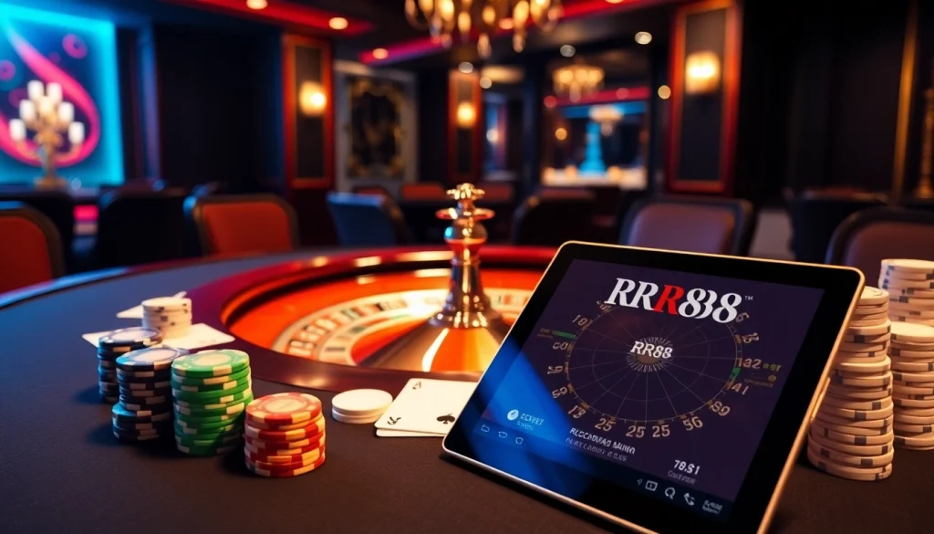 Experience the excitement of RR88 gaming with vibrant tables and professional chips in a luxurious casino.