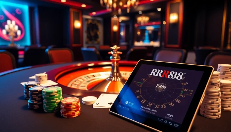 Experience the excitement of RR88 gaming with vibrant tables and professional chips in a luxurious casino.