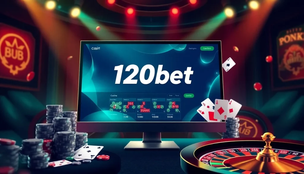 Experience the excitement of 120bet with a vibrant online casino atmosphere featuring poker chips and roulette.