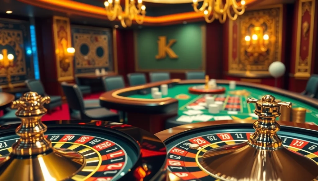 KJC casino scene featuring vibrant roulette, poker chips, and elegant playing cards.