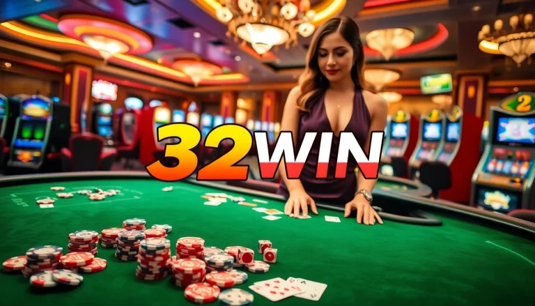 Engaging scene with the 32WIN logo, showcasing thrilling gaming action at a casino table.