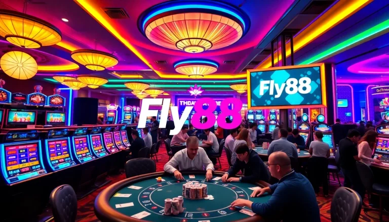 Fly88 logo showcased on a luxury casino floor with poker game excitement.