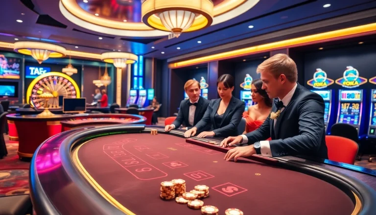 Experience thrilling Baccarat gameplay at ta88c.com in a luxurious casino setting.