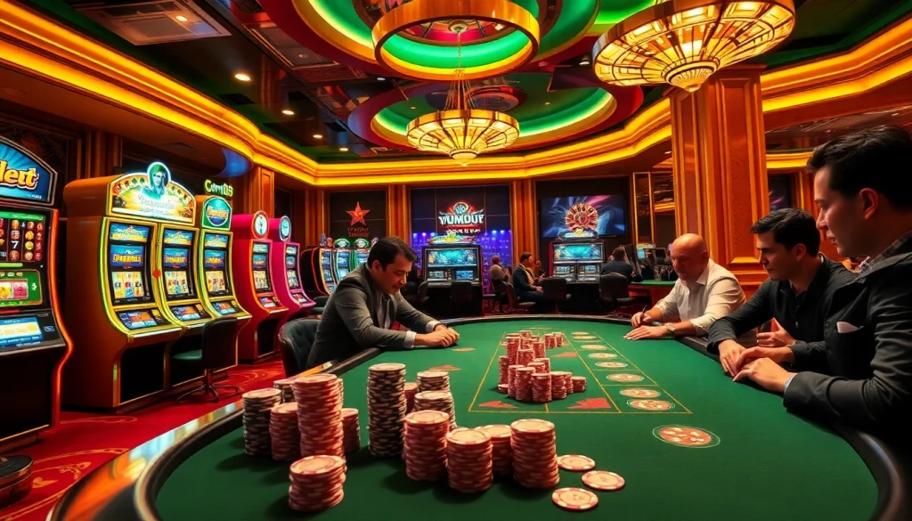 Exciting casino scene showcasing mm8 themed poker action with vibrant lights and engaging players.