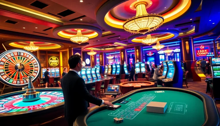 Exciting casino action at mm88 with players engaged at vibrant tables and flashing slot machines.