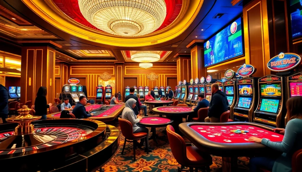 Players enjoying a thrilling experience at MM88 casino with vibrant gaming tables and slot machines.